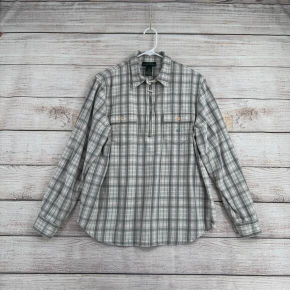 Lauren Ralph Lauren 1/2 Zip Flannel Pullover Womens Large White Gray Pink Stripe - Picture 1 of 8